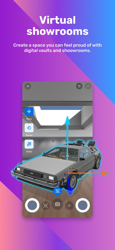 A 3D digital DeLorean collectible from Back to the Future inside a VeVe virtual showroom.