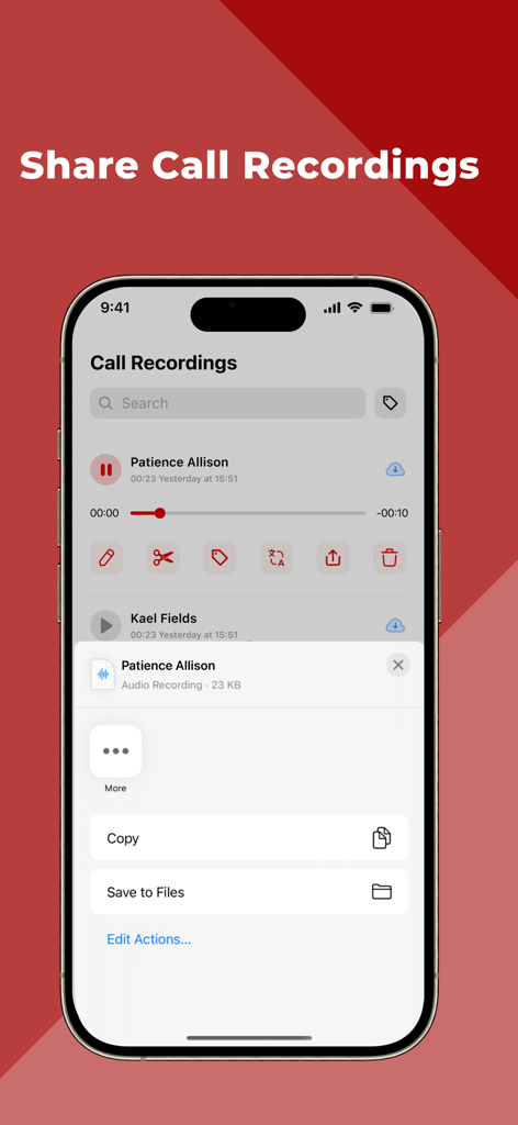A mobile interface of the Callbox app showing how to share and save phone call recordings on an iPhone.