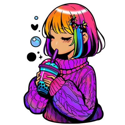 manga girl drinking boba in cozy sweater