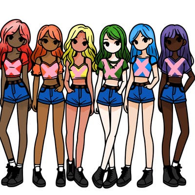a group of girls wearing crop tops and shorts