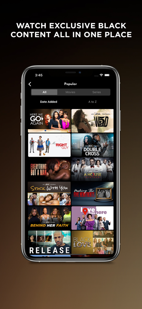 ALLBLK: TV & Film - Die Oberfläche der mobilen ALLBLK-App zeigt eine Sammlung beliebter schwarzer Fernsehserien und Filme, darunter Titel wie Double Cross und A House Divided.