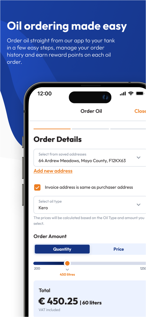 Corrib Oil - Interface of the Corrib Oil mobile app showing the oil ordering process with order details and quantity slider.