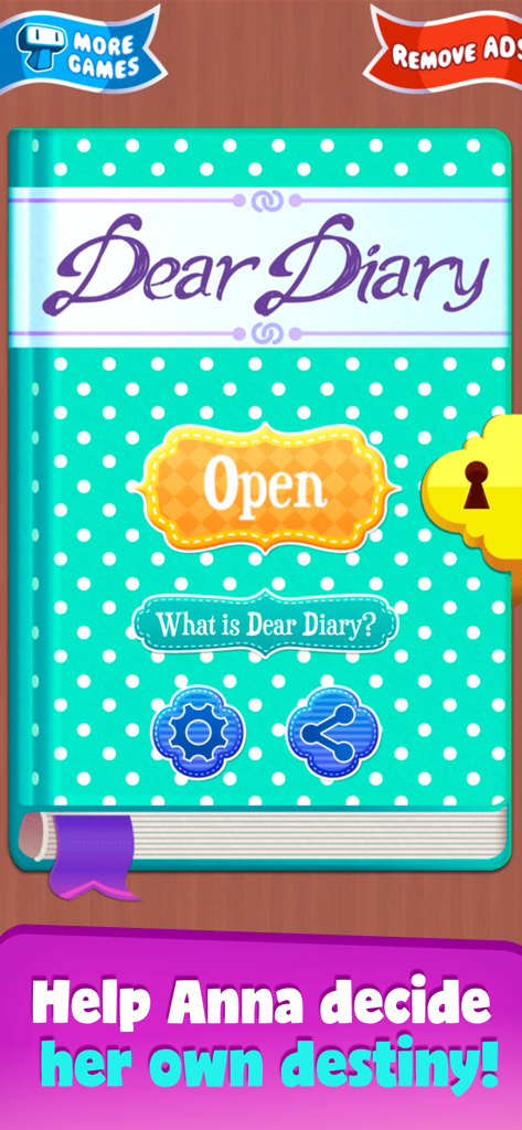 Dear Diary - Interactive Story - Main menu of the Dear Diary interactive story game showing a teal polka dot journal with an open button