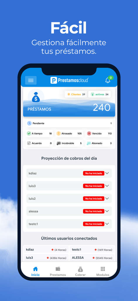 Préstamos CLOUD - Panel de la aplicación Préstamos CLOUD que muestra estadísticas de préstamos y proyecciones de cobro diario
