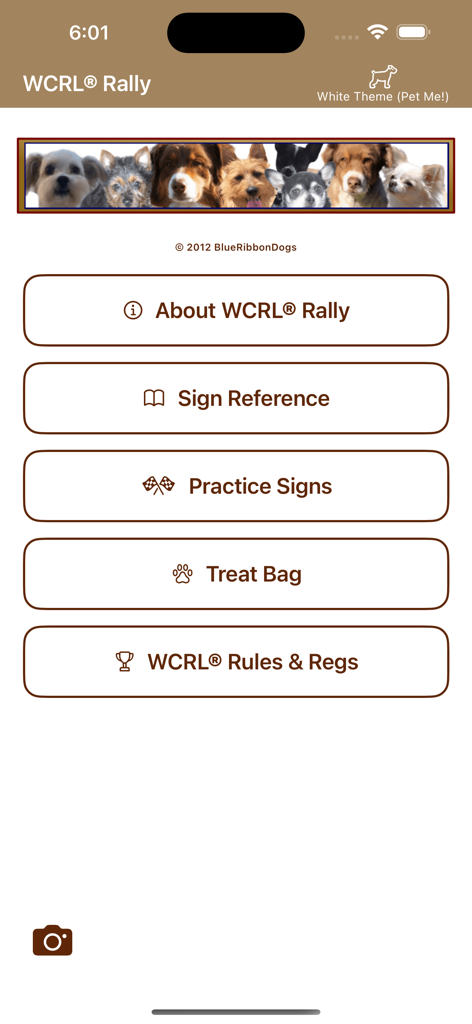 WCRL® Rally Dog Obedience - Home screen of the WCRL Rally Dog Obedience app with training and reference menu buttons.