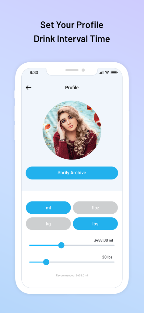 Water Reminder : Aqualert - Interfaz del perfil de la aplicación Aqualert que muestra la configuración de objetivos de ingesta de agua y preferencias de unidades para mililitros y libras