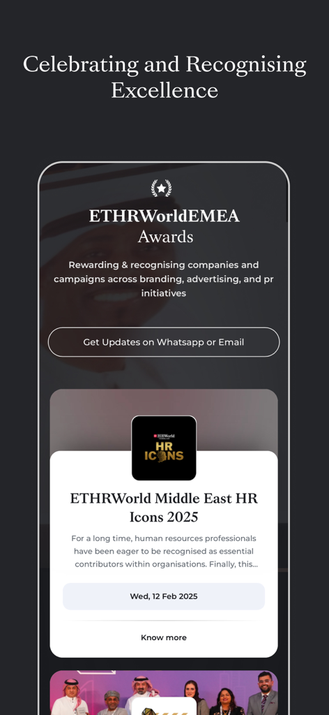 ETHRWorldME 앱 인터페이스에 업계 최고의 HR 시상 및 인증이 표시됨