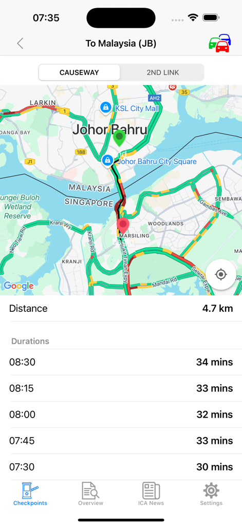 Real-time Google Live Traffic map and travel duration estimates for the Singapore-Malaysia Causeway.