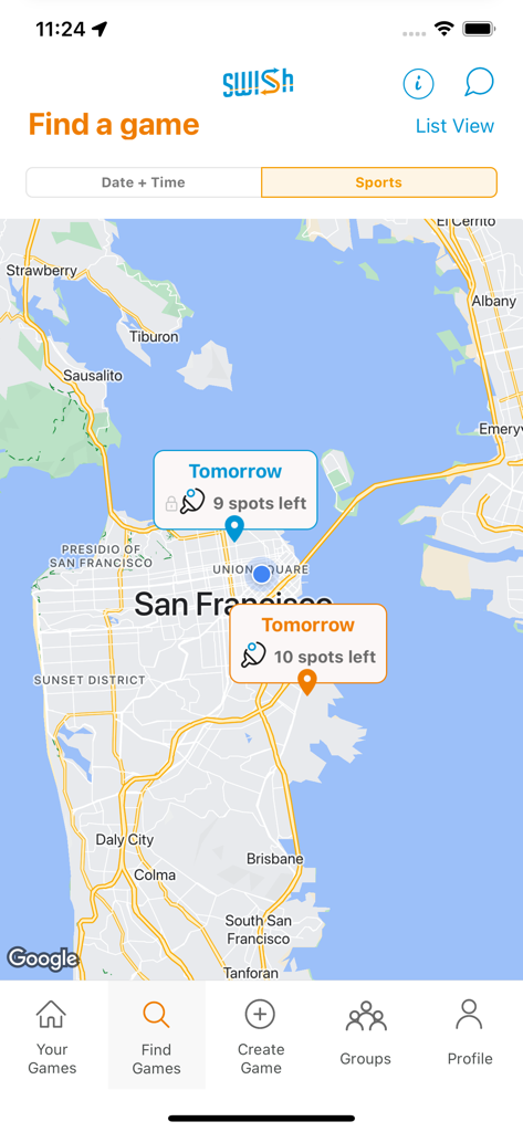 Map view in Swish Sports app showing available pick-up games and open spots in San Francisco.