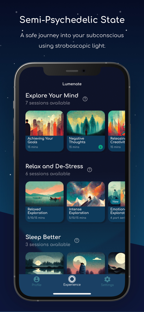 Interfaccia dell'app Lumenate che mostra varie sessioni di meditazione ed esplorazione