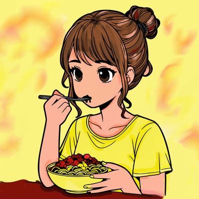 a realistic girl, eating food