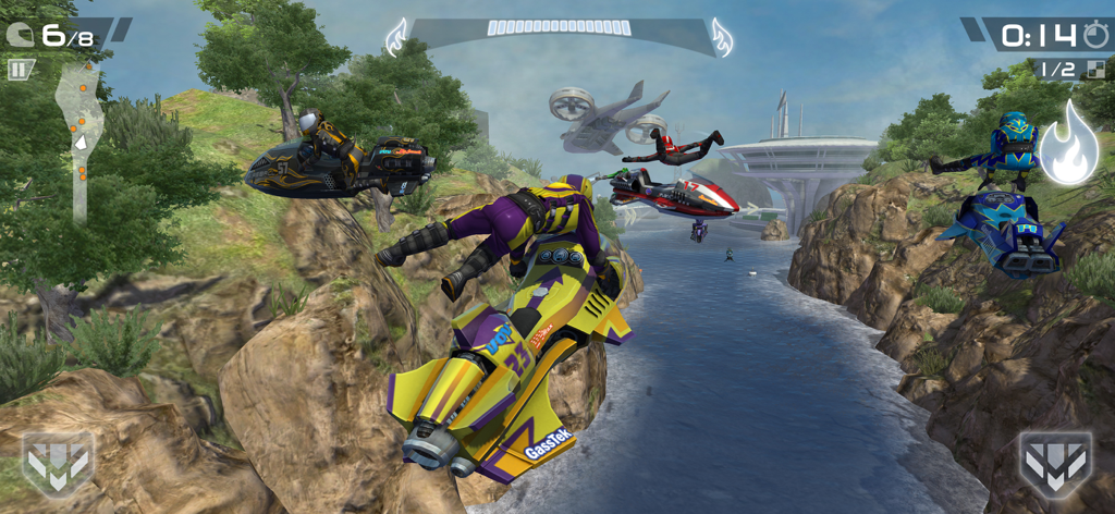 Riptide GP2 - Multiple hydro jet racers performing mid-air stunts during a race in Riptide GP2