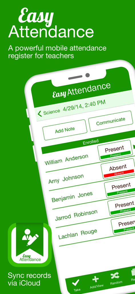 Captura de pantalla de la aplicación móvil Easy Attendance que muestra una lista de clase con nombres de estudiantes y botones de estado de asistencia.