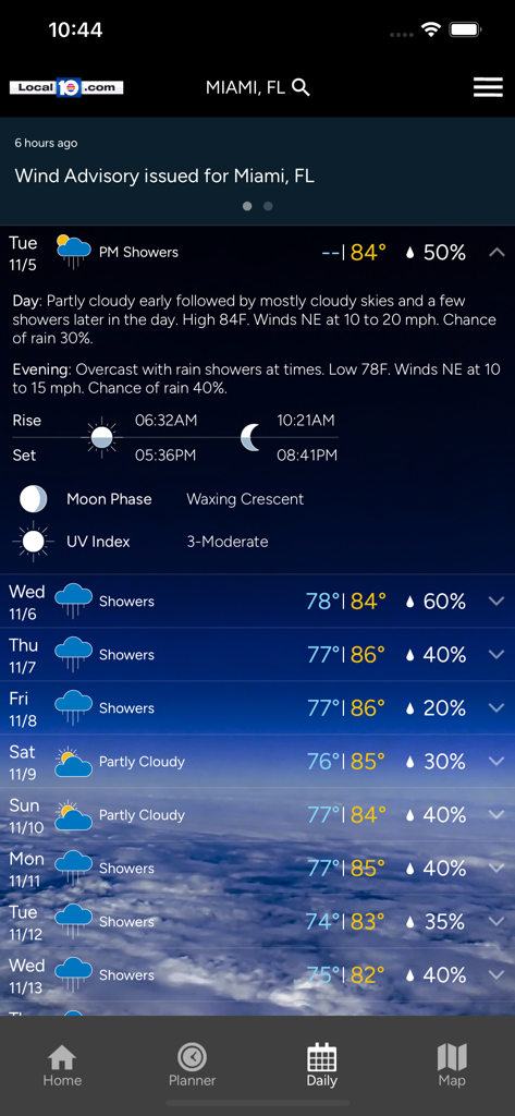 Weather Authority - Weather Authority app interface displaying a detailed daily weather forecast for Miami Florida