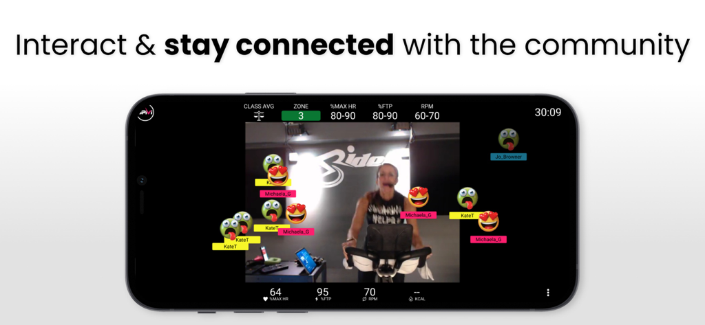 Un smartphone mostrando una clase de ciclismo en vivo en la app Spivi Home con métricas de rendimiento en tiempo real y emojis interactivos de la comunidad.