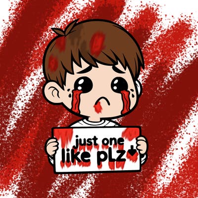 realistic crying boy with a sign saying just one like plz