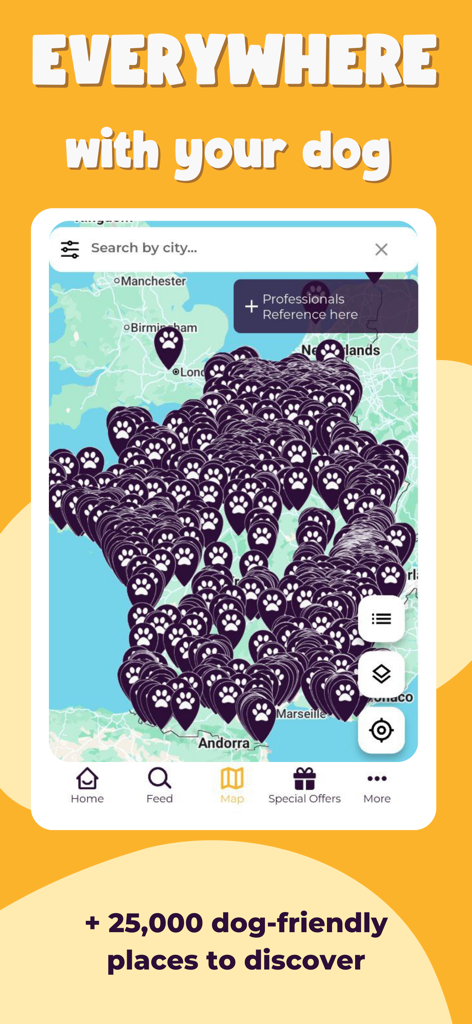 PlayDogs: Walk your dog - Un affichage de carte dans l'application PlayDogs montrant des milliers de marqueurs de patte de chien représentant des lieux adaptés aux chiens à travers l'Europe.