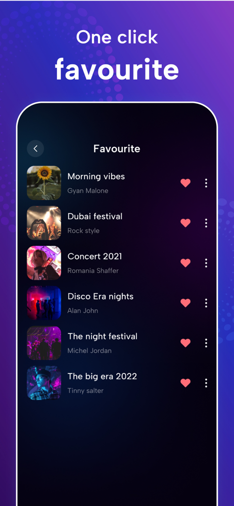 Offline Music Player · - Una lista de favoritos en la aplicación Reproductor de Música Offline mostrando pistas guardadas con iconos de corazón.
