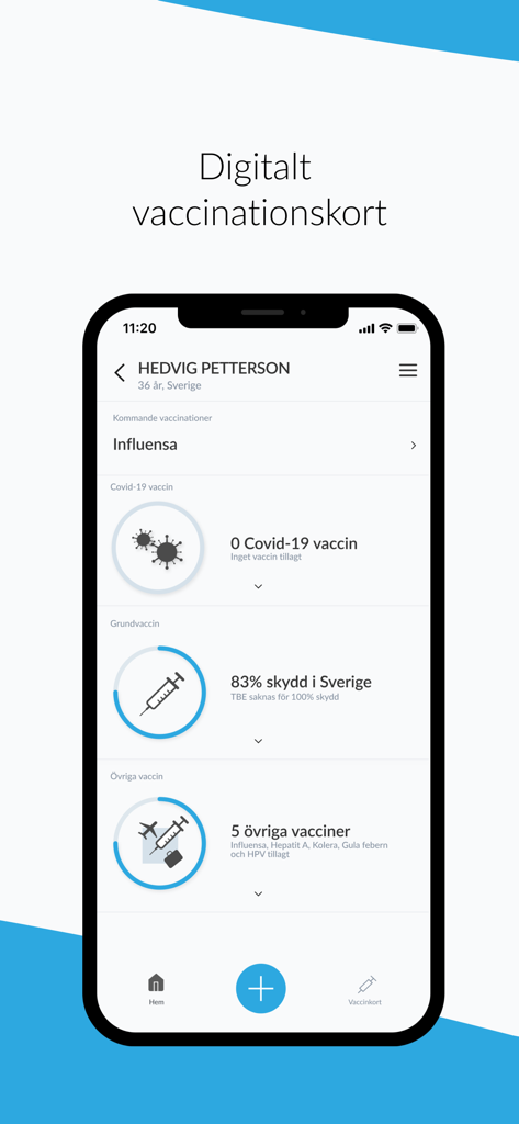Svea Vaccin - Interfaz de tarjeta de vacunación digital que muestra el historial de inmunización y los próximos recordatorios de vacunas