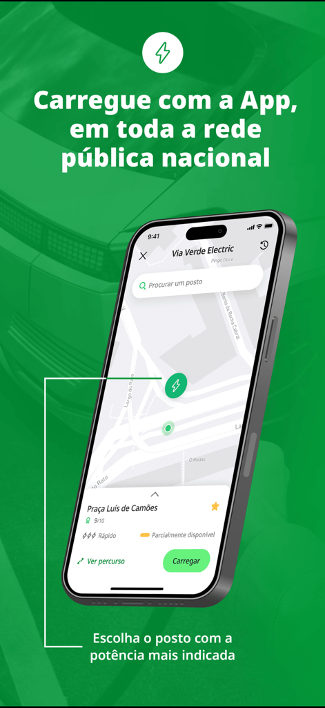 Interfaz de la app Via Verde mostrando un mapa y detalles de una estación de carga de vehículo eléctrico