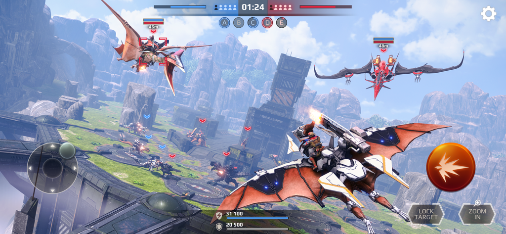 Jurassic Monster World 3D FPS - Flying dinosaurs with riders engaging in a sky battle in a 3D FPS game