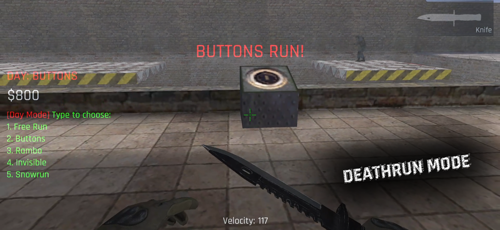 First-person gameplay of the Deathrun mode in Kontra Zombie Survival showing retro graphics and movement controls.
