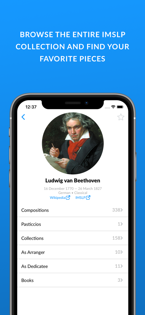 IMSLP - IMSLP app interface showing Ludwig van Beethoven composer page with composition lists