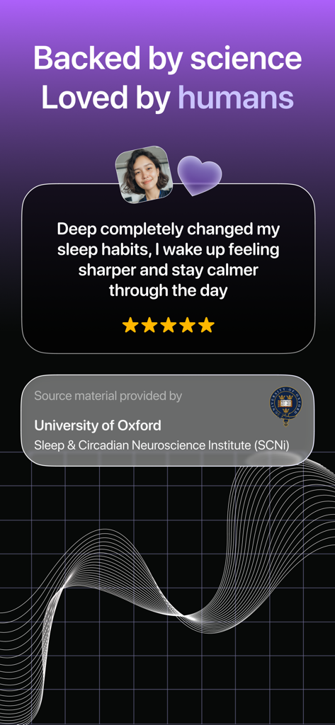Deep: Sleep, Meditation Sounds - Testimonio de usuario para la aplicación Deep destacando hábitos de sueño mejorados y respaldo científico de la Universidad de Oxford.