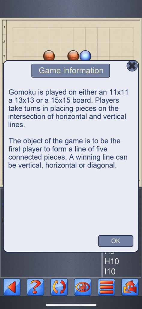 Gomoku V+, 5 in a line game. - Gomoku V+ game information screen explaining the board rules and objectives.