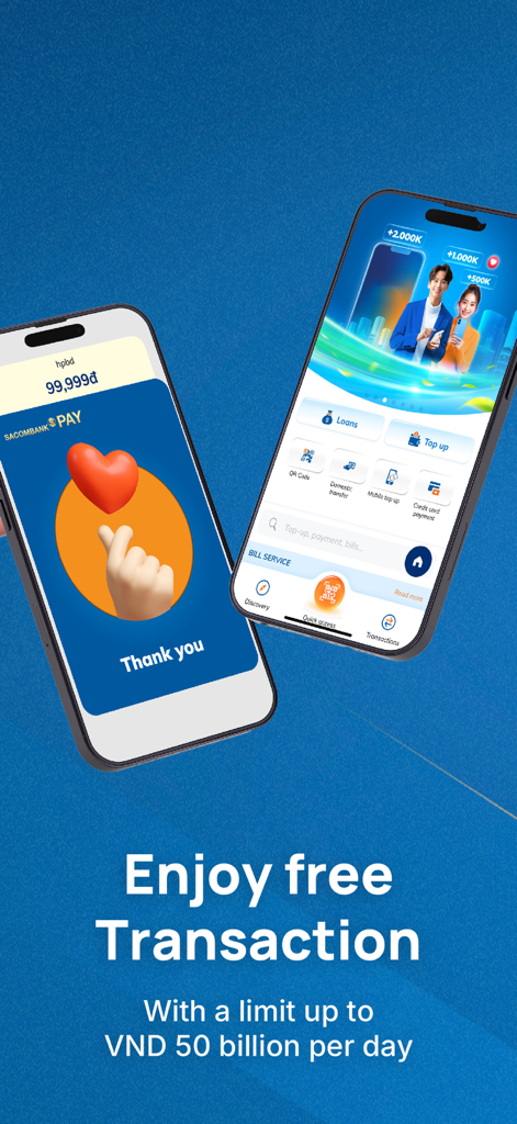 Sacombank Pay app interface showing free daily transaction limits for Vietnamese expats