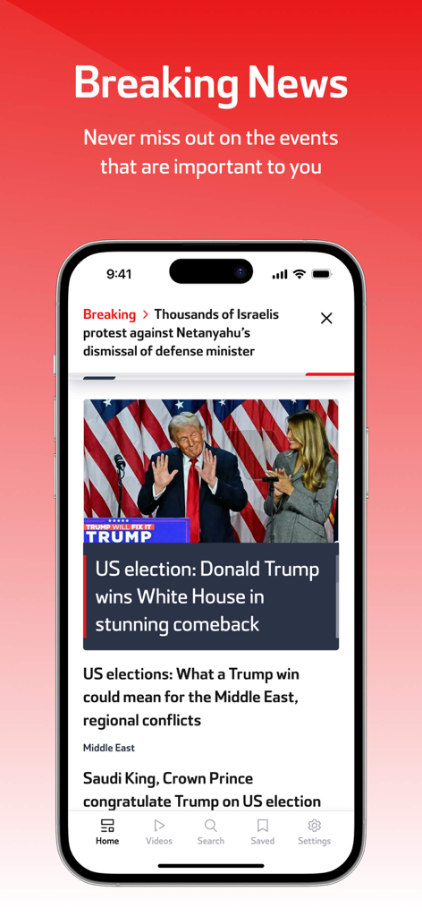 Al Arabiya English - Al Arabiya English app showing breaking news alerts and political headlines on a smartphone screen