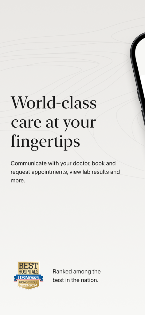 Cedars-Sinai - Cedars-Sinai App-Screenshot, der Funktionen zur medizinischen Versorgung und das nationale Krankenhaus-Ranking zeigt