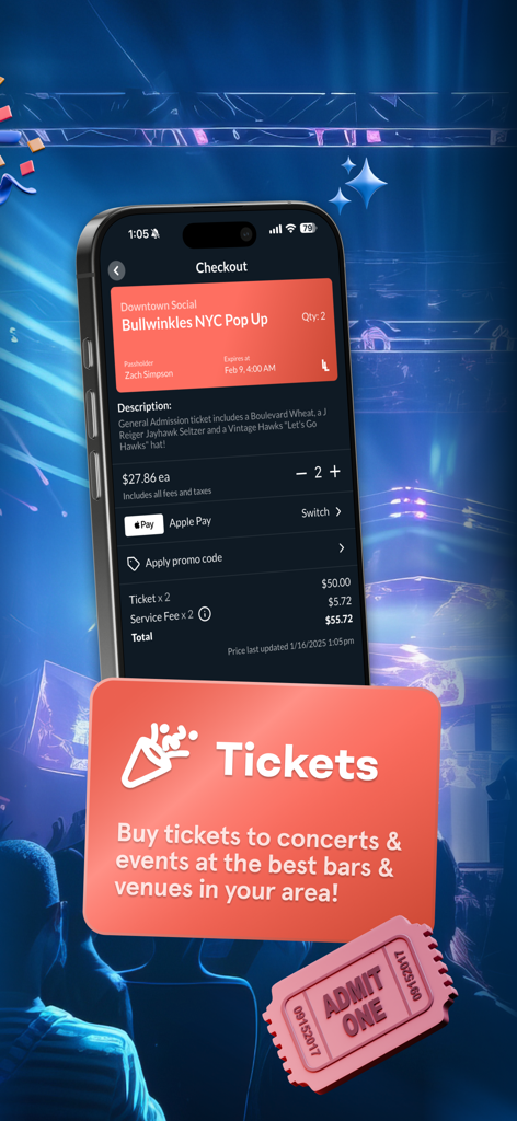 LineLeap - LineLeap mobile app checkout screen showing ticket purchase for a venue