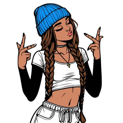 realistic teenage girl with braids and a beanie and crop top doing 🫶🏼
