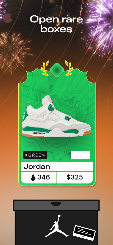BoxedUp: Sneaker Trading Game - A digital sneaker trading card of a white and green Jordan shoe with value and heat statistics in the BoxedUp app.
