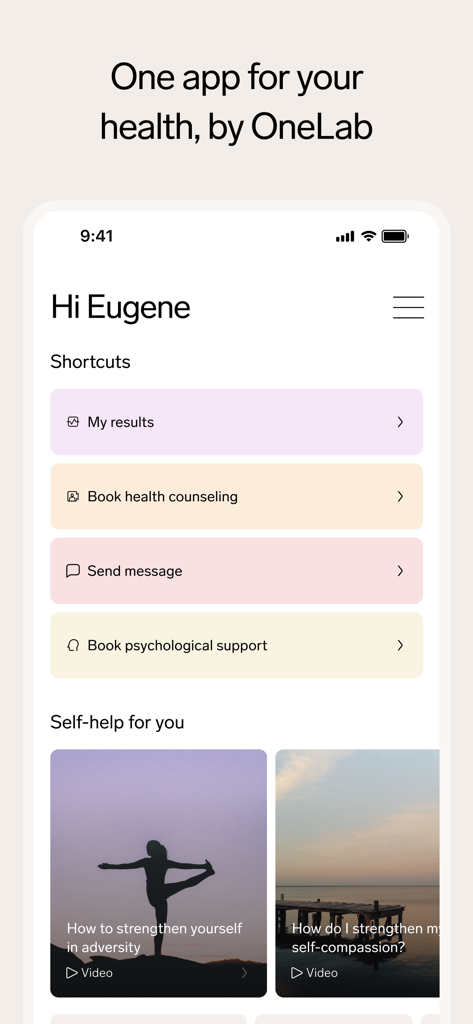 OneLab - Panel de la aplicación OneLab con accesos directos a resultados de salud y videos de autoayuda sobre bienestar mental