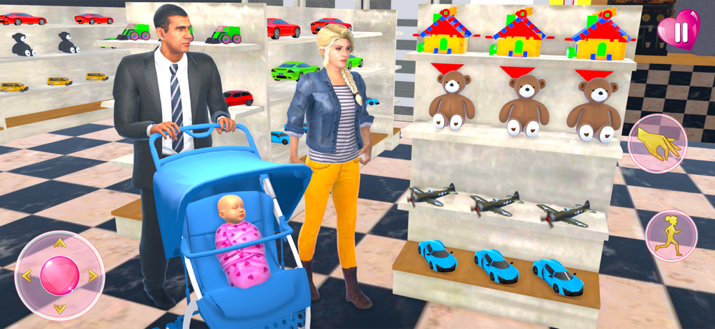 Pregnant Mom job Simulator 3D - Un hombre y una mujer en una tienda de juguetes virtual empujando un cochecito de bebé