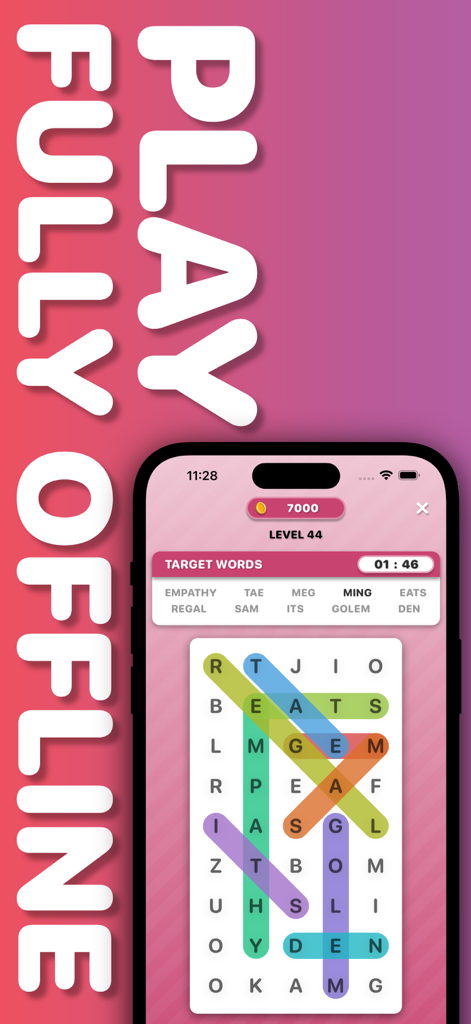 A smartphone screen showing a word search puzzle level with the text play fully offline.