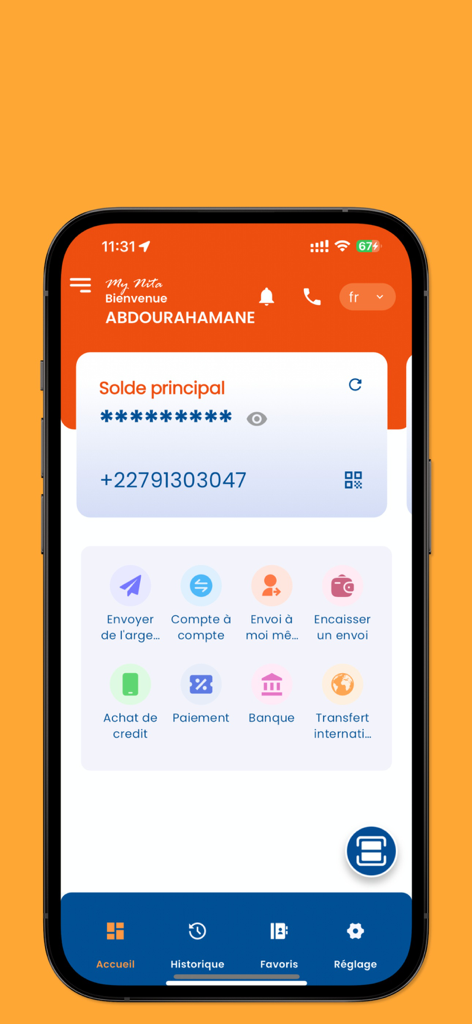 MyNITA Transfert - MyNITA app home screen displaying balance and options for money transfer bill payments and airtime purchase