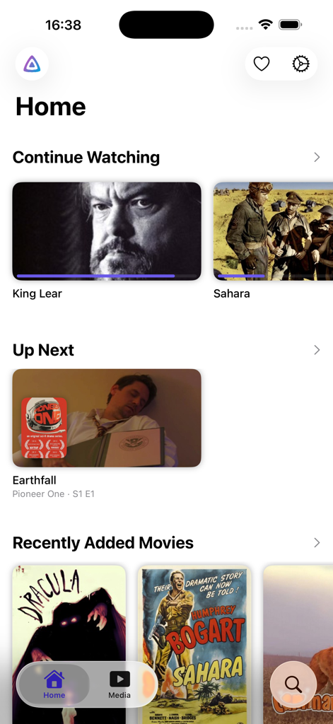 FinPlus - FinPlus app home screen displaying Continue Watching and Recently Added Movies sections with movie thumbnails