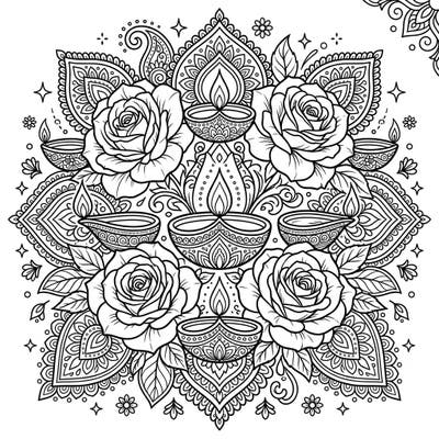 Discover a stunning blend of nature and festivity with our English Roses and Diwali coloring page. This intricate design features elegant roses entwined with traditional diyas and rangoli-inspired patterns, perfect for mindful coloring.