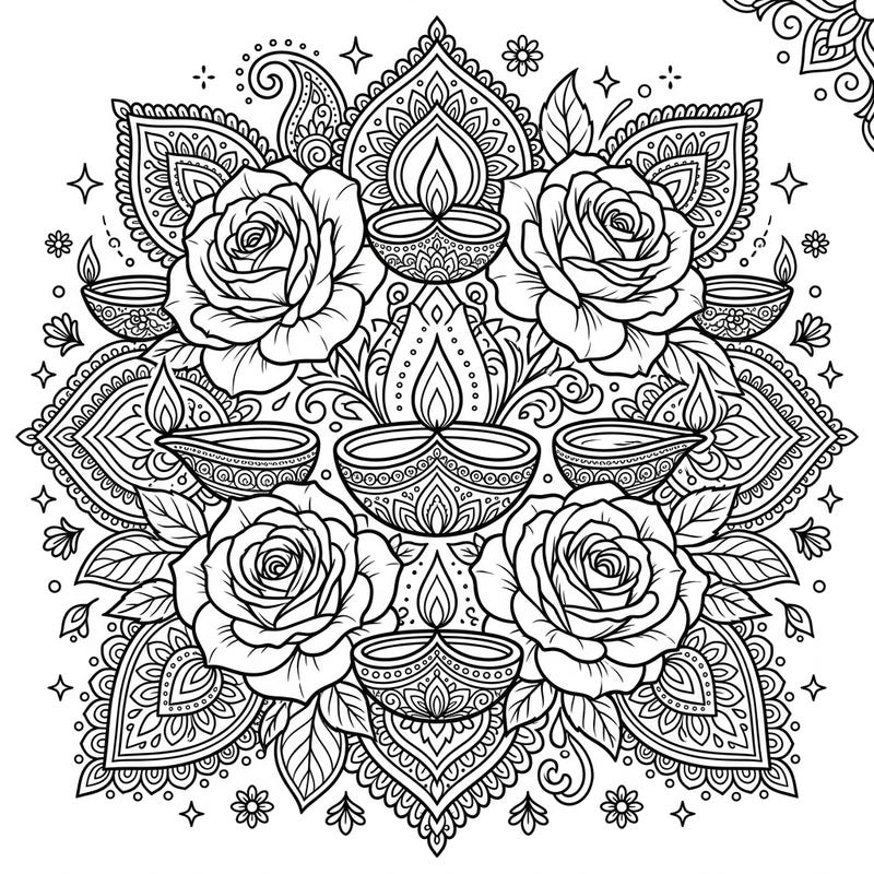 Discover a stunning blend of nature and festivity with our English Roses and Diwali coloring page. This intricate design features elegant roses entwined with traditional diyas and rangoli-inspired patterns, perfect for mindful coloring.