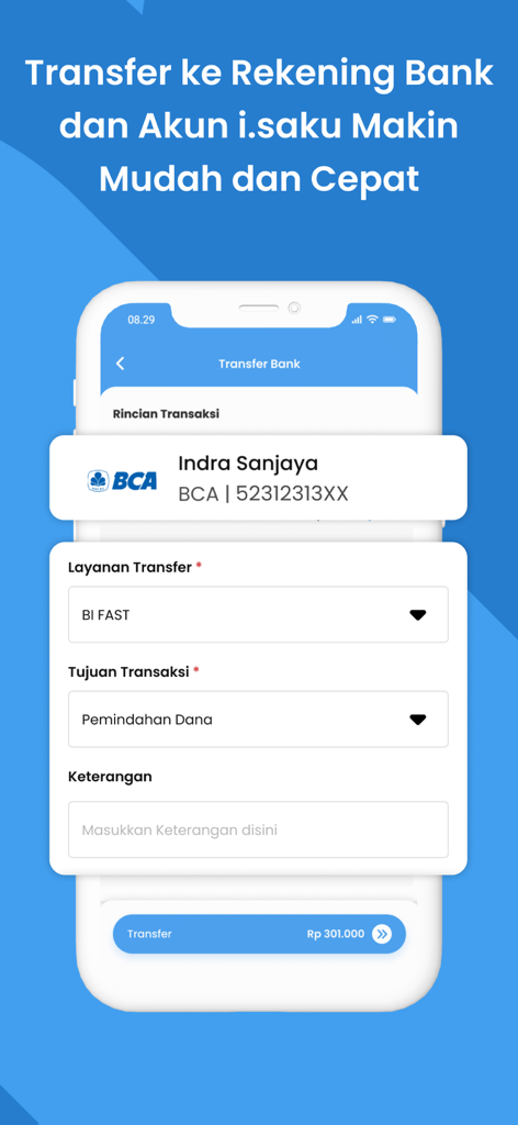 i.saku mobile app screen showing a bank transfer transaction to a BCA account using the BI FAST service