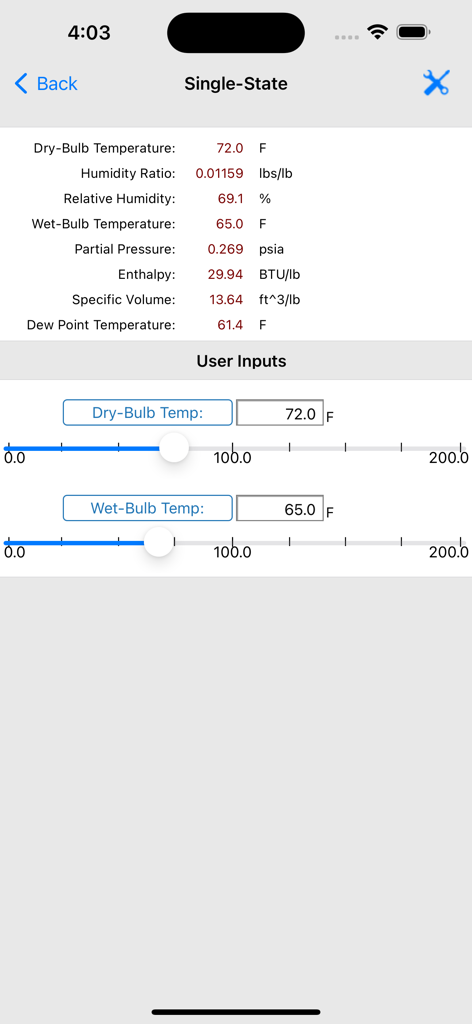HVAC Psychrometric Plus - Interfaz de la aplicación HVAC Psychrometric Plus mostrando cálculos de aire de estado simple y controles deslizantes de entrada para temperatura