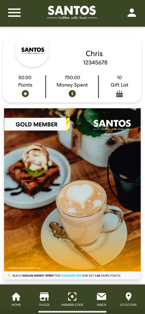 SANTOS Rewards - SANTOS Rewards app interface showing user points and gold member status