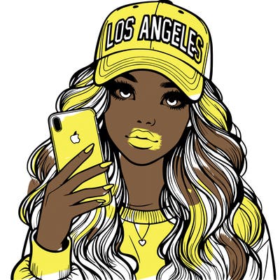 realistic beautiful girl wearing los ángeles cap holding an iphone
