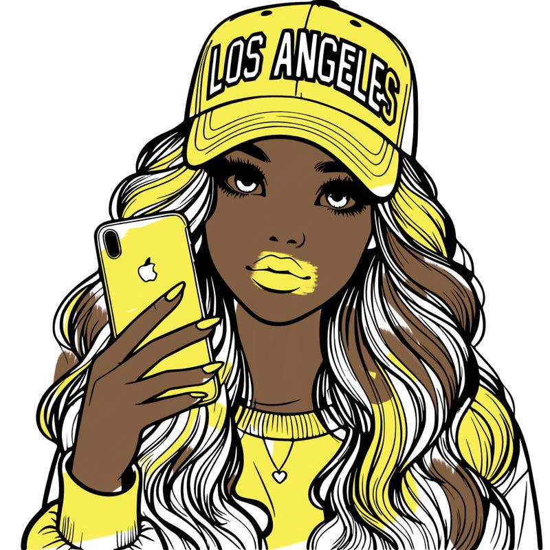 realistic beautiful girl wearing los ángeles cap holding an iphone
