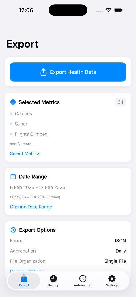 Health Data Export - Export settings screen in the Health Data Export app showing metric selection and file format options