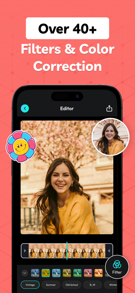 AI GIF Maker : Photo to GIF - Pantalla de teléfono móvil que muestra un editor de GIFs con varios filtros de color y una línea de tiempo de imágenes.