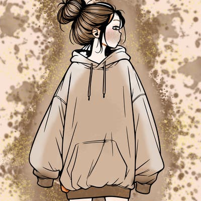 realistic girl with a oversized sweatshirt on and a bun